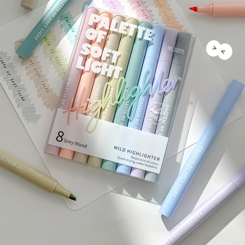 Penlab 8pcs Soft Light สีเทาอารมณ์ Pastel Tone Highlighter Palette แห้งเร็วน้ําหมึกอ่อน Highlighters ชุดโรงเรียน C3323