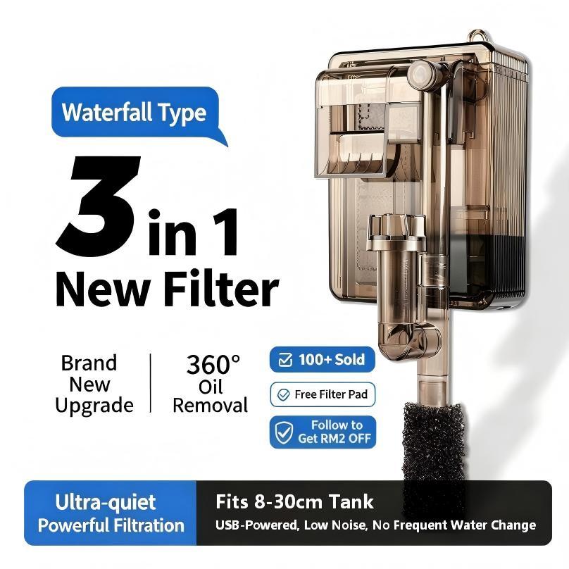 3 in 1 USB Aquarium กรองปั๊มน้ํา,ฟรีฟองน้ํากรอง,Quiet Oil Skimmer,เหมาะกับ 8–40 ซม.ถังปลาขนาดเล็ก
