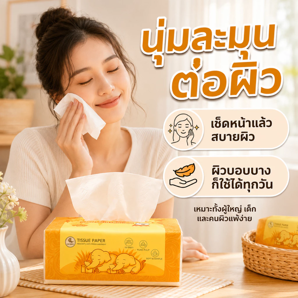 กระดาษเช็ดหน้าแบบใช้แล้วทิ้งนุ่มพิเศษขนาด 4 ชั้น