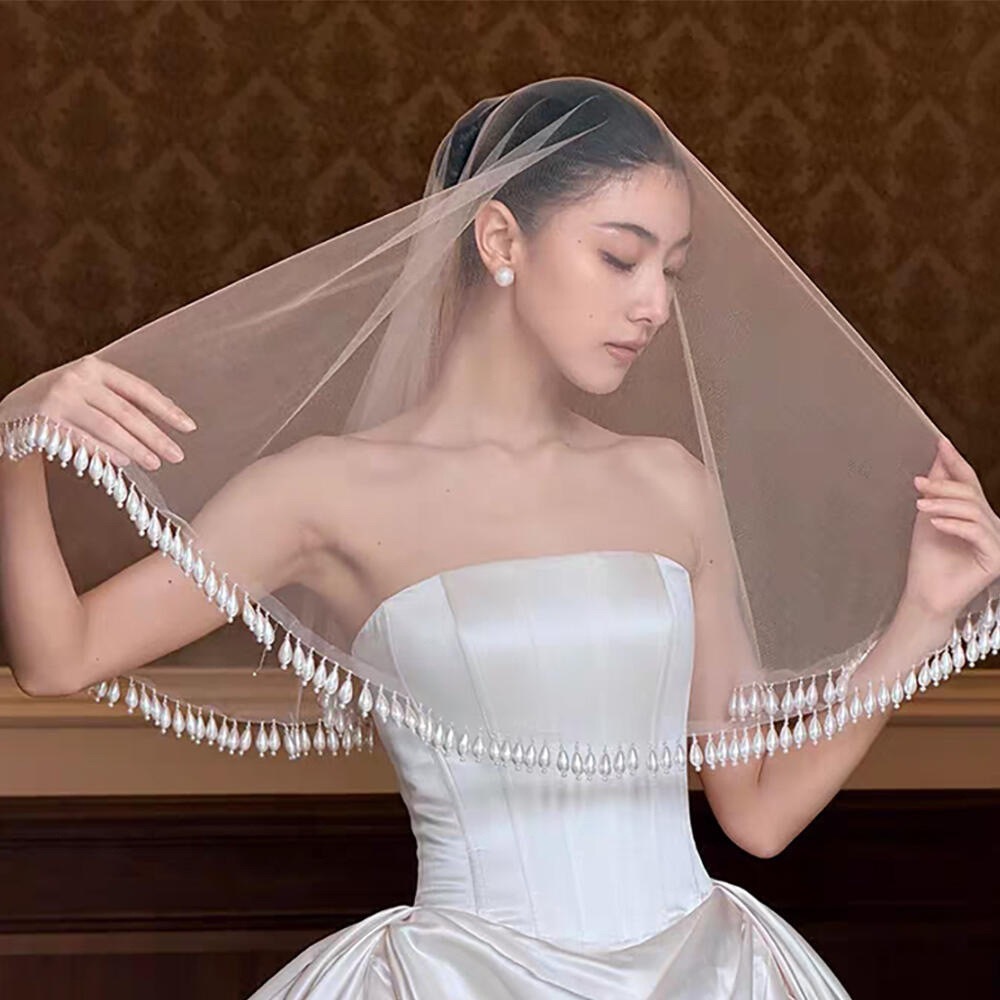 ผ้าคลุมหน้าเจ้าสาวที่สง่างามด้วยมุกตัด-ชุดแต่งงานคลาสสิกสําหรับเจ้าสาว