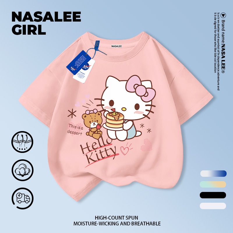 [กรุงเทพฯ จัดส่ง] เด็กผ้าฝ้ายสีชมพูเสื้อยืดการ์ตูน สวัสดี คิตตี้ ออกแบบสนุกการพิมพ์ฤดูร้อนเสื้อผ้าระบายอากาศแขนสั้นเหมาะสําหรับ 3-16ชายหญิง