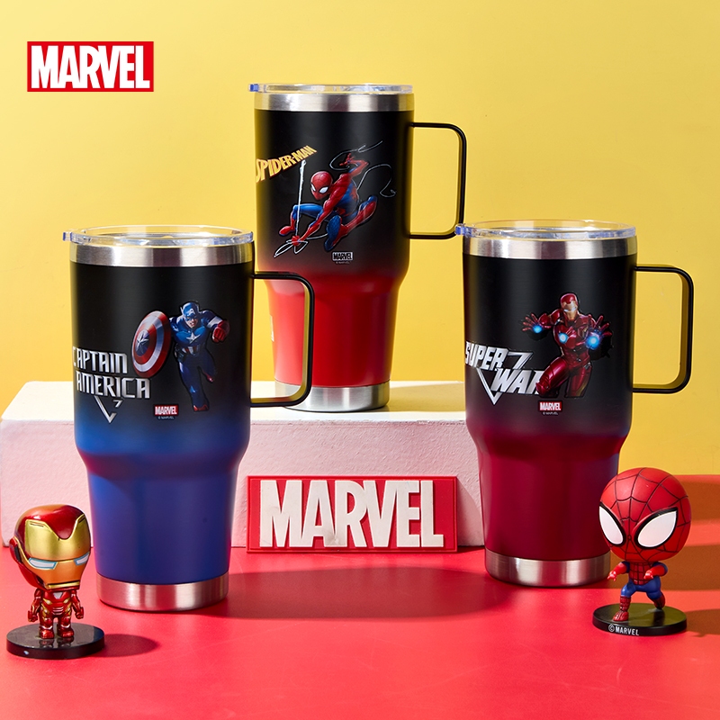 แก้วน้ํา Disney 900ml พร้อมที่จับ สแตนเลส 304 เก็บความเย็น 12H Stitch Mickey Elsa Spider-Man หลอด 2-in-1 & Sip Leak-Proof สําหรับการเดินทางในรถยนต์