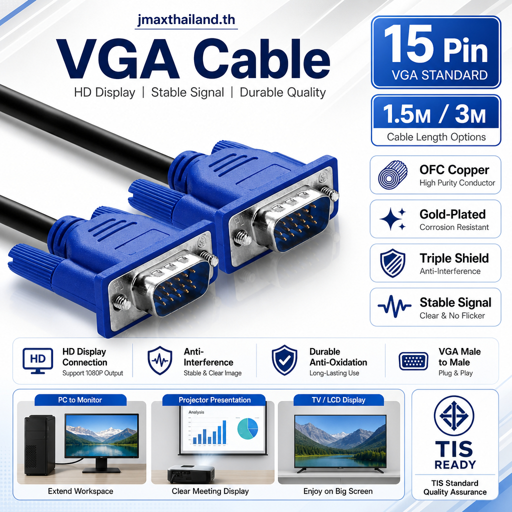 สาย VGA ทองแดงแท้ ภาพคมชัด เสถียรสูง สายต่อจอคอมพิวเตอร์ 15pin 1.5m/3m รองรับ PC โปรเจคเตอร์ ทีวี jmaxthailand.th