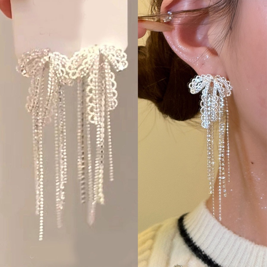 Super Fairy ลูกไม้โบว์พู่ต่างหูยาว Rhinestone หรูหรา High-End Cool ต่างหู