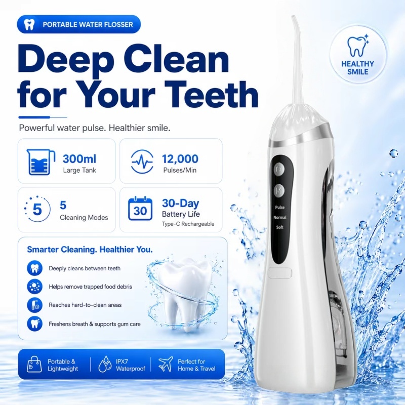 Oral Irrigator Flosser น้ําแบบพกพา, USB ชาร์จ Water Jet Tooth Pick + 4 Jet Tip 3 โหมด IPX7 กันน้ําทํ