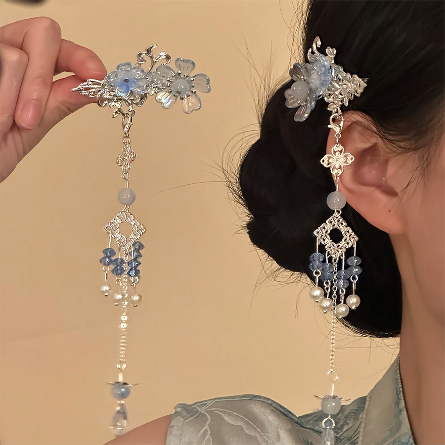 Retro ดอกไม้สีฟ้าพู่คลิปผมหญิงโบราณ High-End Elegant Classy แฟชั่นอุปกรณ์เสริมผม