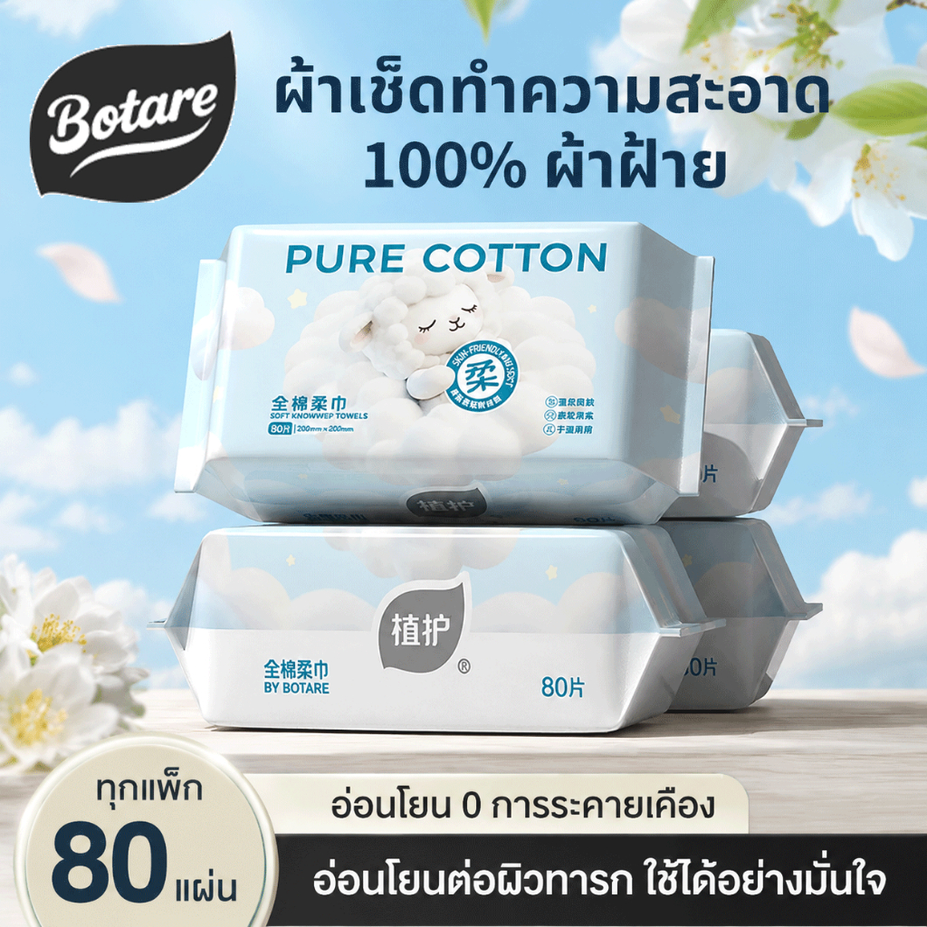 Botare ผ้าเช็ดหน้าเนื้อผ้า 100% Pure Cotton ขนาด 150x200 mm จำนวน 80 แผ่น หนาพิเศษ ใช้ทั้งเปียกและแห้ง สำหรับล้างหน้า ล้างเครื่องสำอาง และทำความสะอาดบ้าน