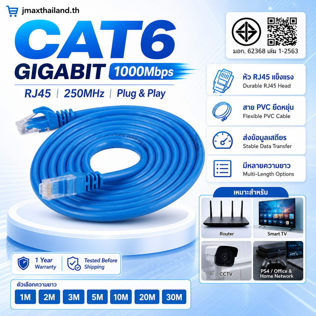 รับประกัน 1 ปี สายแลน CAT6 Gigabit RJ45 ความเร็วสูง 10/100/1000Mbps รองรับ 250Mhz หลายความยาว 1-30m ใช้ได้กับเราเตอร์ กล้อง ทีวี PS4 jmaxthailand.th