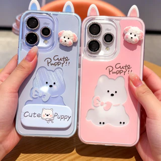 เคส OPPO Reno 13 14 15 16 14F 15F 16F 5G เคส OPPO Reno 14 15 16 Pro 5G Pro Max เคสน่ารักลายการ์ตูนน้องหมา กันกระแทก พร้อมกระจกและที่วางโทรศัพท์ เคสเจลกันกระแทก 2 in 1 แบบใส