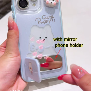 เคส OPPO Reno 13 14 15 16 14F 15F 16F 5G เคส OPPO Reno 14 15 16 Pro 5G Pro Max เคสน่ารักลายการ์ตูนน้องหมา กันกระแทก พร้อมกระจกและที่วางโทรศัพท์ เคสเจลกันกระแทก 2 in 1 แบบใส