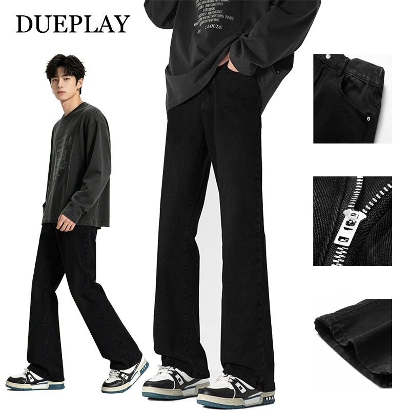 Dueplay กางเกงยีนส์ขาม้าสีดำ สีดำ ทรงสลิมฟิต แฟชั่นสตรีทเวียร์ ลุคทันสมัย ไฮสตรีท ไม่ยับ ใส่สบาย ผ้ายืดดีไซน์เกาหลี กางเกงขายาวผู้ชาย