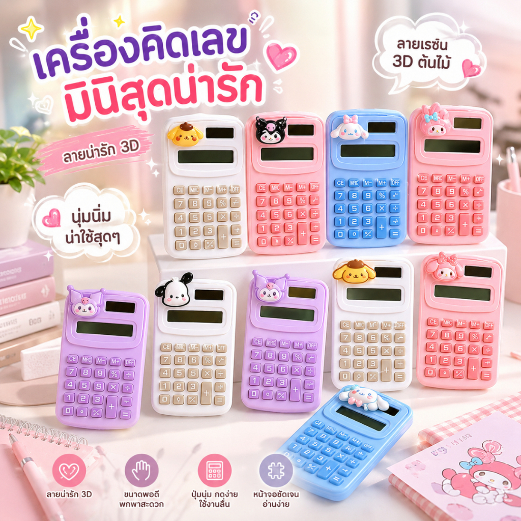 เครื่องคิดเลขน่ารัก เครื่องคิดเลขมินิ สีพาสเทล ลายการ์ตูน 3D พกพาง่าย เครื่องคิดเลขนักเรียน สำหรับเรียน ทำงาน ออฟฟิศ A00173
