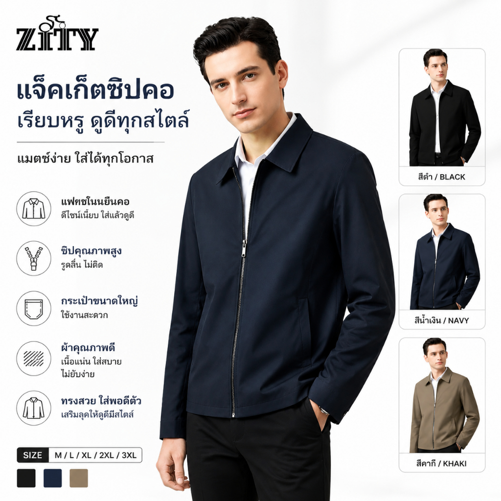 เสื้อแจ็คเก็ตปกผู้ชายชุดสูทสวมใส่อย่างเป็นทางการ แจ๊กเก็ตชุดทํางานลําลองซิปผู้ชายแจ็คเก็ตมีสไตล์