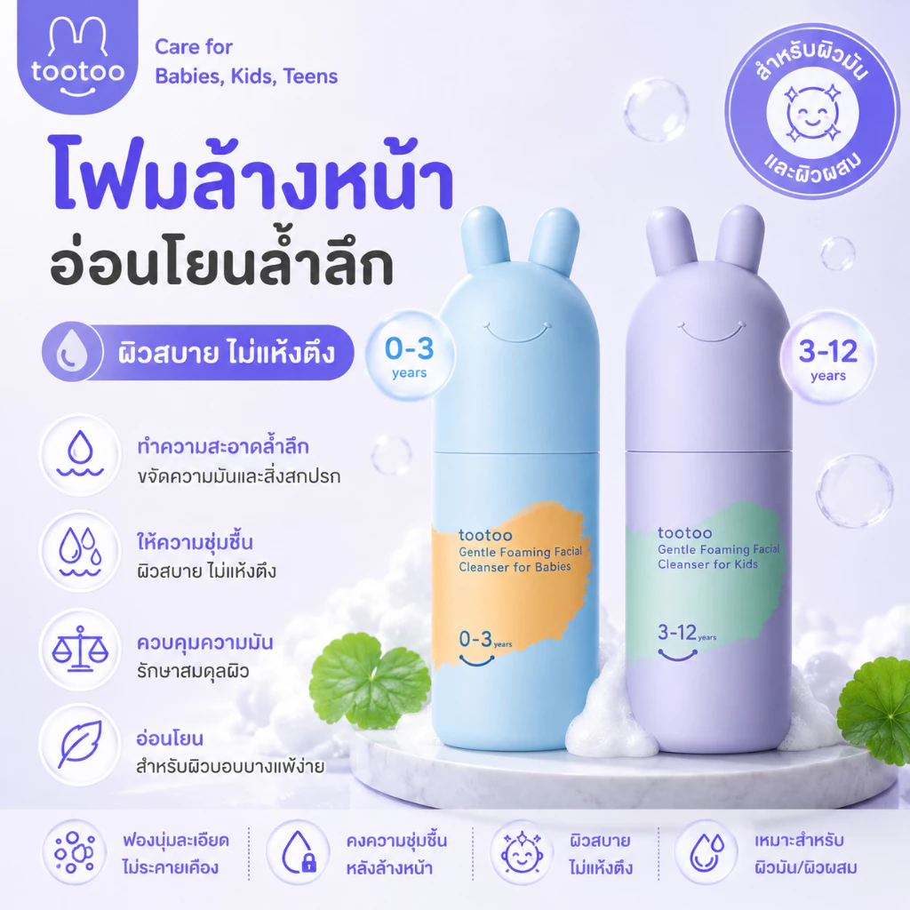 tootoo โฟมล้างหน้าเด็ก ทำความสะอาดอย่างอ่อนโยน ไม่ทำร้ายผิว ให้ความชุ่มชื้น ขจัดสิว และควบคุมความมัน