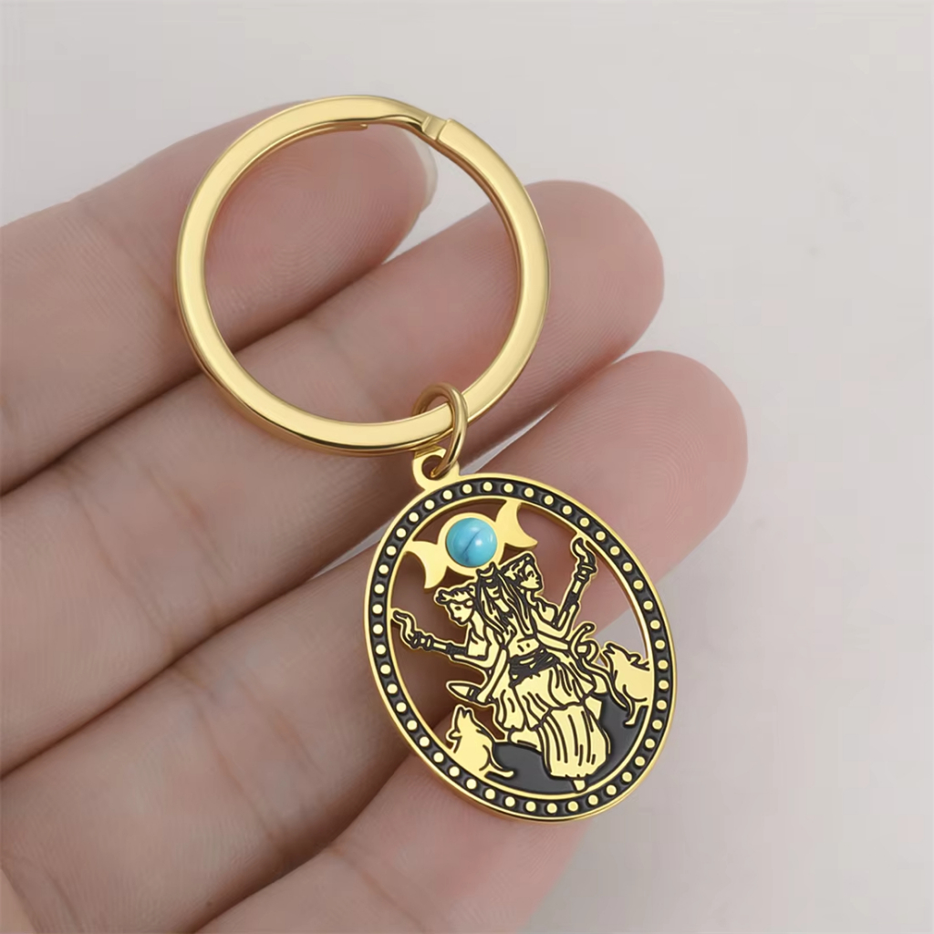 SKYRIM Turquoise Triple Moon Goddess พวงกุญแจกรีก Legend Hecate Goddess พวงกุญแจสแตนเลส Witchcraft A