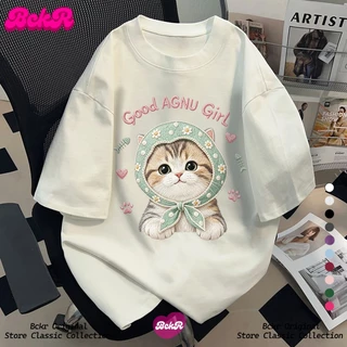 【จัดส่งตลอด 24 ชั่วโมง】🔥BCKR สไตล์วิทยาลัย ลายแมวคอกลมเสื้อ🐱oversize ชุดหน้าร้อนผู้หญิงtshirt YG3865
