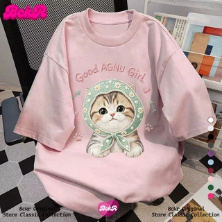 【จัดส่งตลอด 24 ชั่วโมง】🔥BCKR สไตล์วิทยาลัย ลายแมวคอกลมเสื้อ🐱oversize ชุดหน้าร้อนผู้หญิงtshirt YG3865