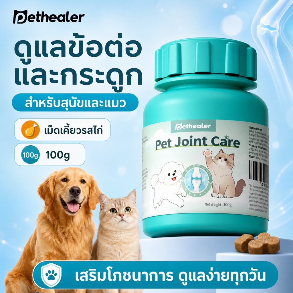 Pethealer เม็ดเคี้ยวดูแลข้อต่อและกระดูก 100g สำหรับสุนัขแมว รสไก่ ใช้งานง่ายในทุกวัน