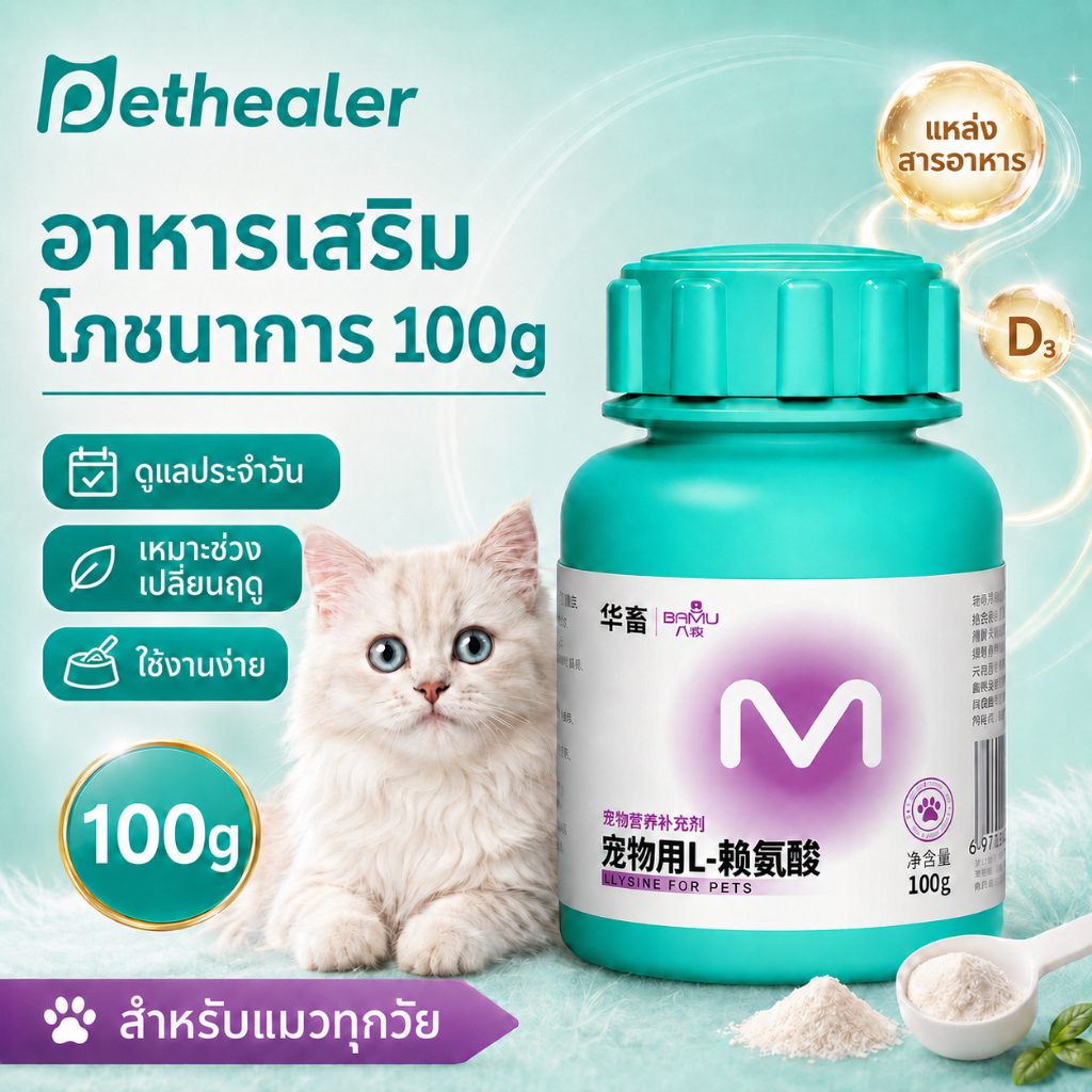 Pethealer 100g อาหารเสริมสำหรับแมว ดูแลสุขภาพประจำวัน ใช้งานง่าย สำหรับแมวทุกวัย
