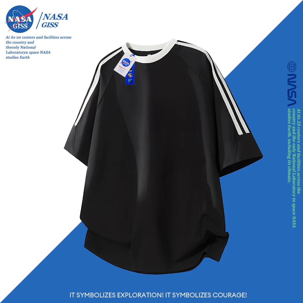 NASA เสื้อยืดสามแถบชายหญิง แขนสั้น oversize สไตล์ลำลอง เสื้อยืดเปล่า summer คอกลม ระบายอากาศ ยับยากไม่ต้องรีด