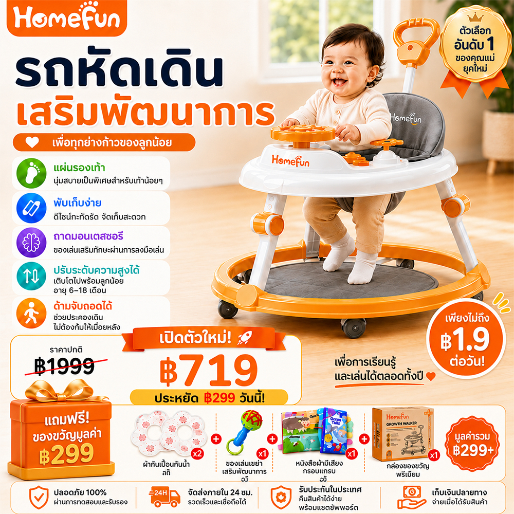 HOMEFUN รถหัดเดินเด็ก 3 IN 1 มีด้ามเข็น ปรับระดับได้ พับง่าย สำหรับ 6-18 เดือน ช่วยพยุงฝึกเดิน Baby Walker