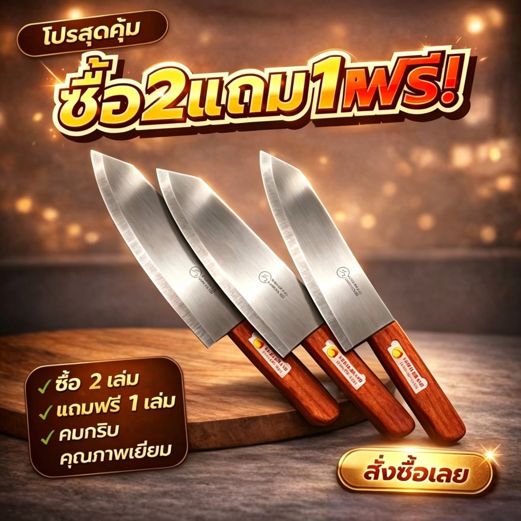 2 มือโปร มีดไม้ด้ามบางบวก 1 มีดทําครัวมีดตัดมีดแฮ็กด้ามสีดําทนทานของแท้จากโรงงาน