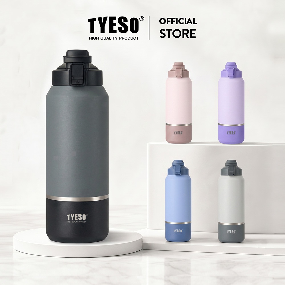 TYESO 01-01013 / 01-01014 / 01-01015 ขวดน้ำเก็บอุณหภูมิ 1200ml / 1500ml / 2000ml สแตนเลสสูญญากาศ เก็บร้อน-เย็น 24ชม. ฝา Pop-Up กันรั่ว BPA Free กระติกน้ำความจุใหญ่