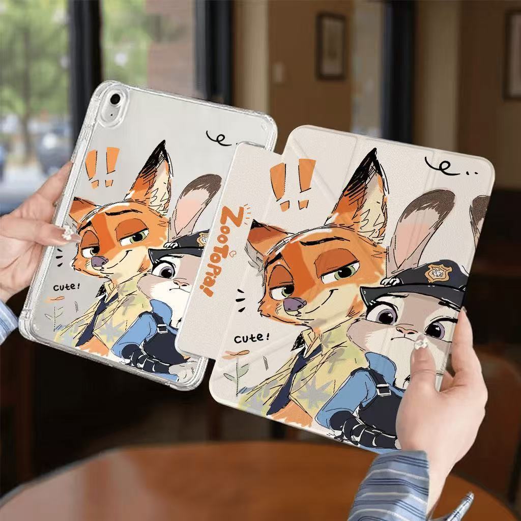 Zootopia Fox & Rabbit เคส iPad, Tri-fold Stand Anti-drop เคสป้องกันสําหรับ iPad Air7 iPad 11 Gen Pro