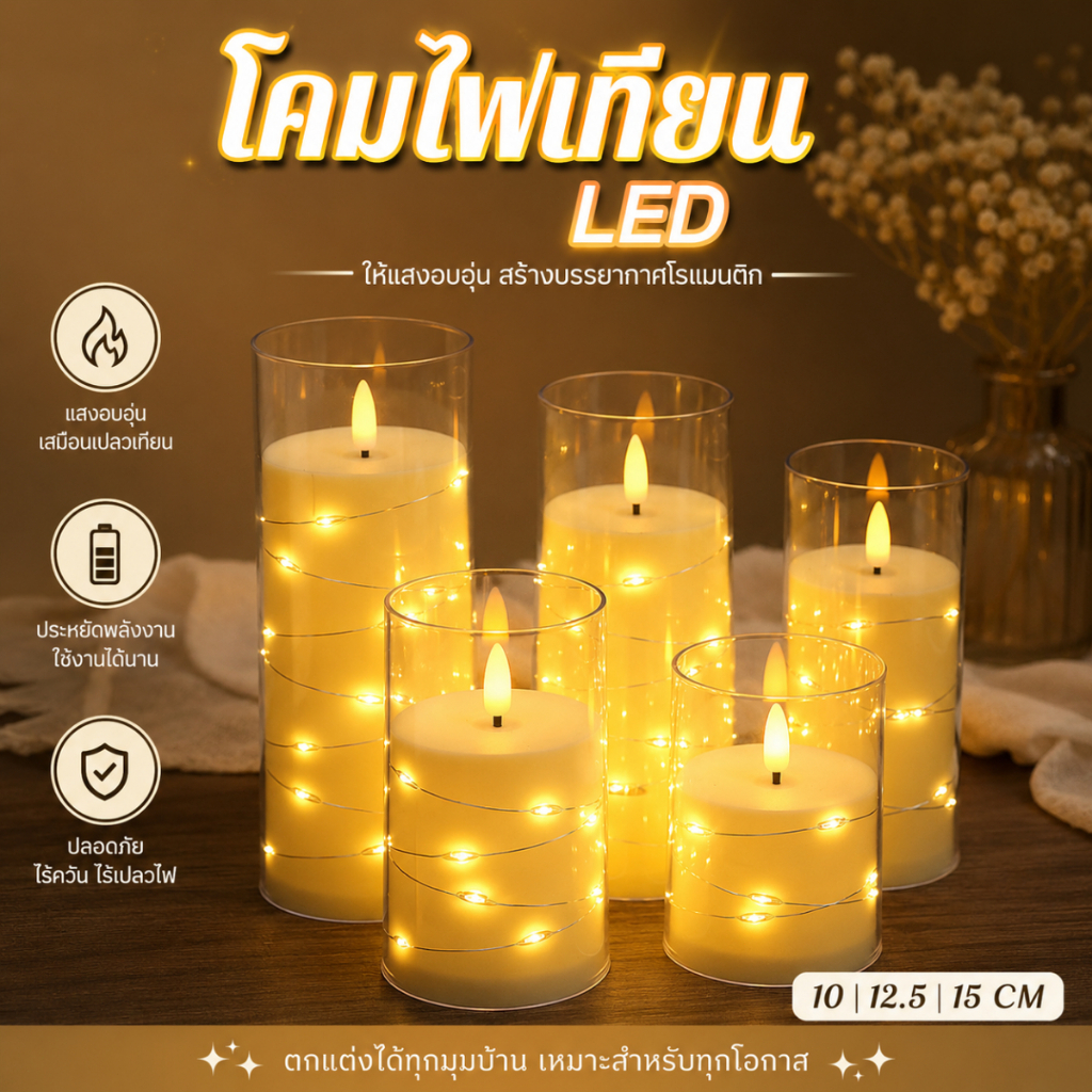 เทียน LED เทียนไฟฟ้า เทียนปลอม ไฟตกแต่งห้อง ไฟประดับ ของแต่งบ้าน สร้างบรรยากาศ A00206