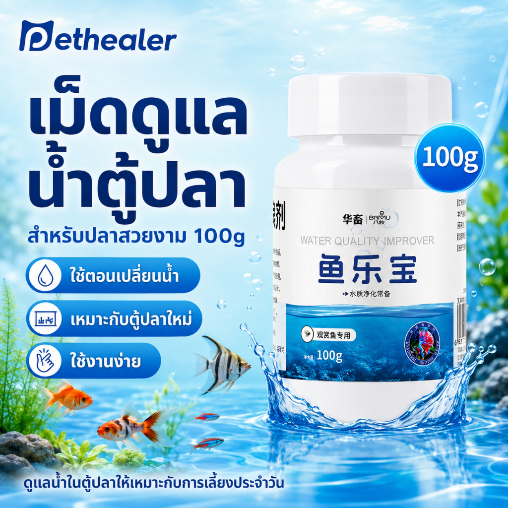 Pethealer เม็ดปรับสภาพน้ำตู้ปลา 100g ความช่วยเหลือในการเปลี่ยนน้ำ / การตั้งตู้ปลาใหม่ / การดูแลปลาประจำวัน
