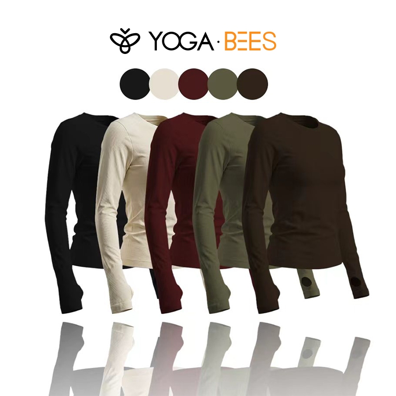 YOGA BEES Ribbed แขนยาวออกกําลังกาย Tee Slim Fit ลูกเรือคอ Thumb Holes Yoga & Daily Casual Top