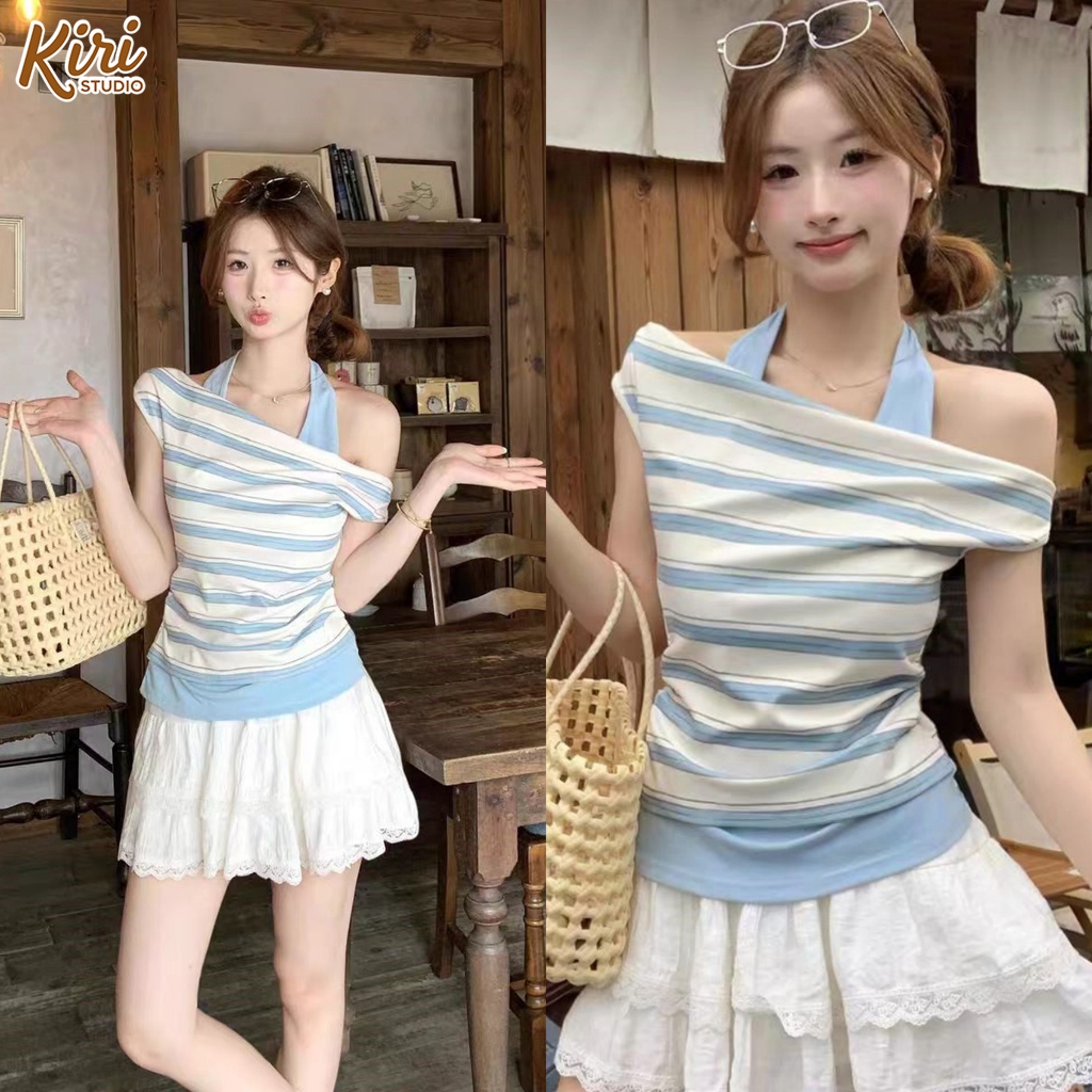 เสื้อคล้องคอเสื้อเปิดไหล่ลายทางสไตล์เกาหลีแฟชั่นใส่เที่ยวสีตัดกันสองสีแฟชั่นสไตล์#202441
