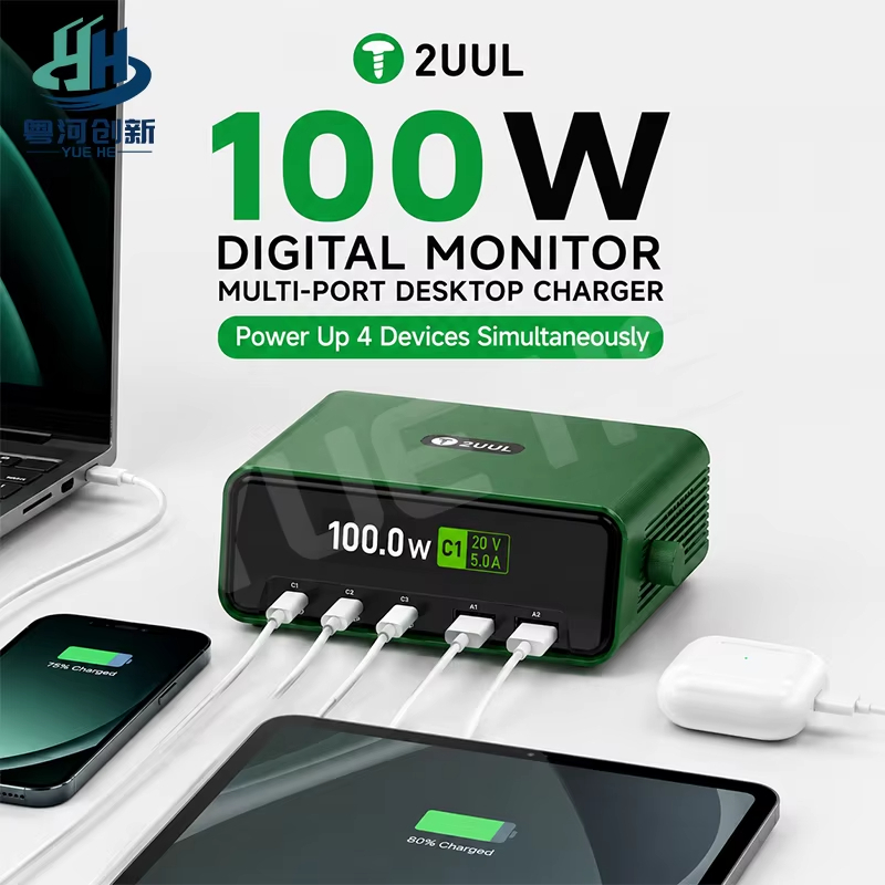 2UUL PC12 100W Digital Monitor Multi Port Desktop Charger 3 USB C 2 USB A PD 3.0 QC 3.0 Fast Chargin