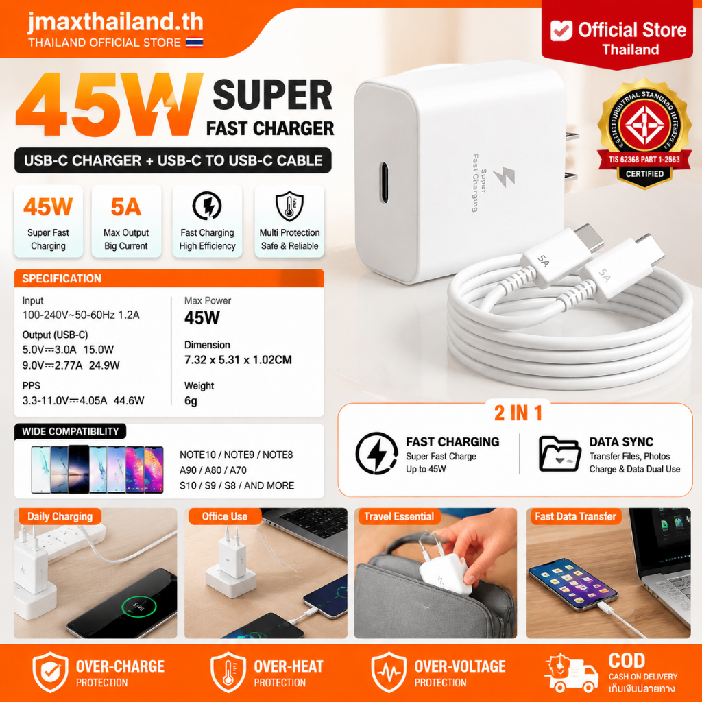 ชาร์จเร็วสูงสุด 45W USB-C to Type-C อะแดปเตอร์พร้อมสาย 5A รองรับชาร์จด่วน โอนถ่ายข้อมูลเร็ว ใช้ได้หลายรุ่น jmaxthailand.th