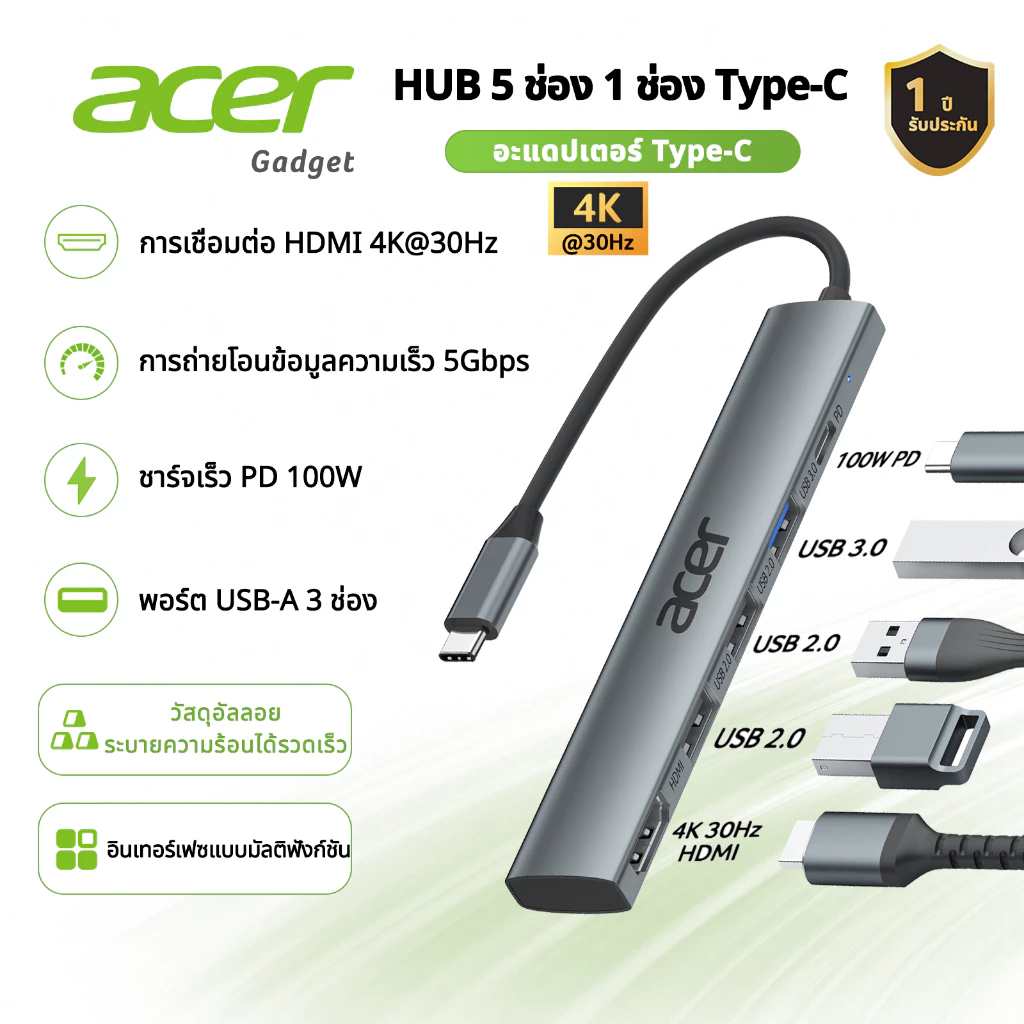 Acer 5 in 1 Type-C Hub 4K HDMI usb hub sdcard reader 100W  Multiport Adapter สําหรับ  MacBook Pro/Air, iPad Pro, iMac, iPhone 15 Pro/Pro Max, XPS UC503