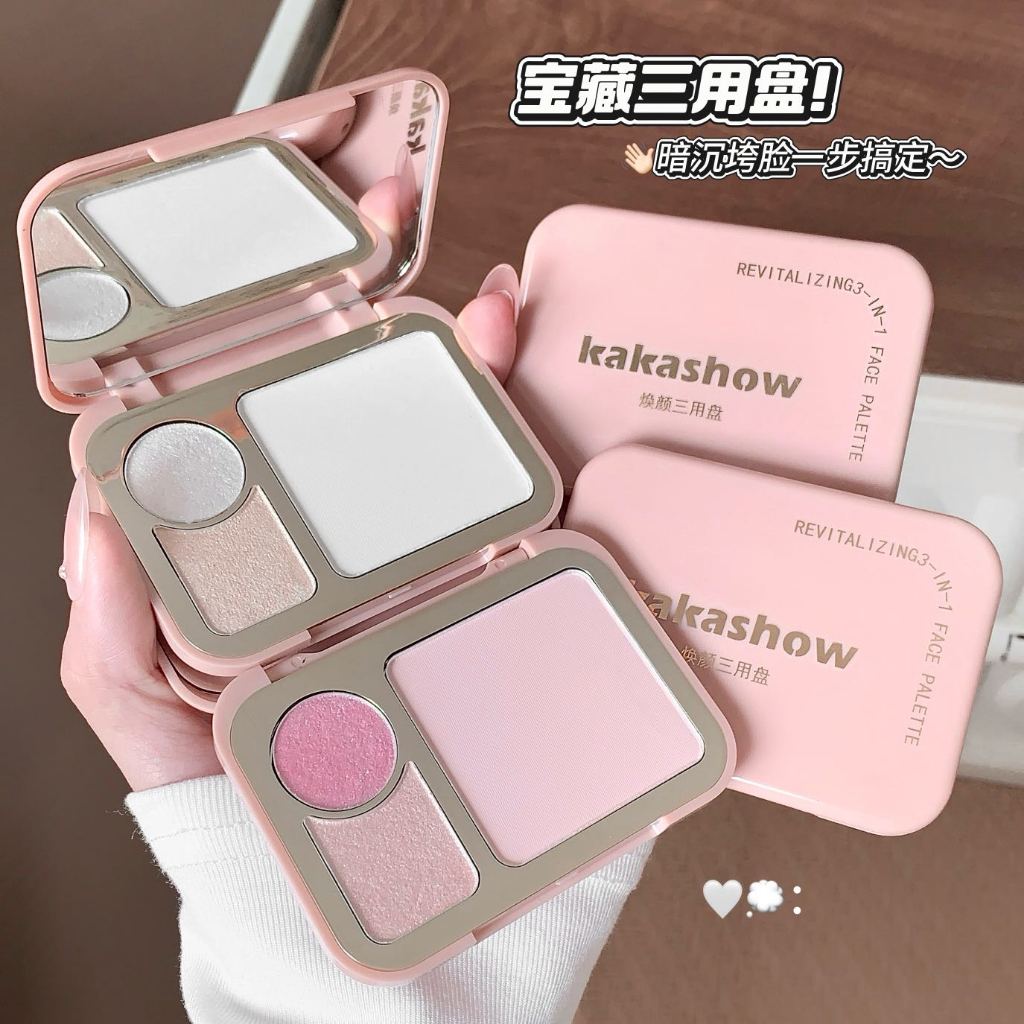 Kakashow 3-in-1 Face Palette Matte Highlighter Powder + Shimmer Highlighter Cream Brightening Everyd