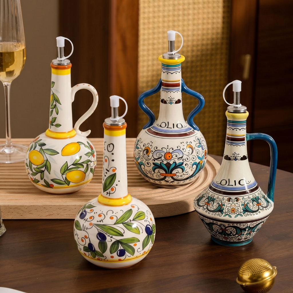 HongDian ขวดใส่น้ำมันเซรามิก ceramic porcelain oil bottle มีหูจับ ดีไซน์ลายมะกอกและเลมอน underglaze ใช้งานสะดวก เทง่ายไม่หก ปลอดภัยต่ออาหาร วัสดุคุณภาพสูง เคลือบใต้เคลือบสีไม่ซีดจาง แข็งแรงทนทาน ทำความสะอาดง่าย เหมาะสำหรับใช้น้ำมันมะกอก น้ำมันพืช ซอส