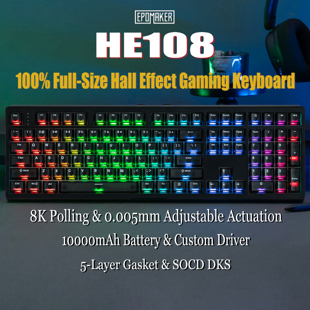 EPOMAKER HE108 100% ANSI US QWERTY Layout แบบมีสาย/BT/2.4Ghz Wireless Hall Effect Mechanical Keyboar