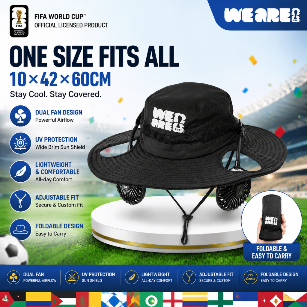 หมวกกันแดด FIFA 2026 แท้ หมวกตกปลามีพัดลมคู่ถอดได้ 2in1 พัดลมคล้องคอ 3ระดับลม กันรังสียูวี กันน้ำ พับเก็บได้ เหมาะดูบอล ตกปลา ปีนเขา ชายหาด
