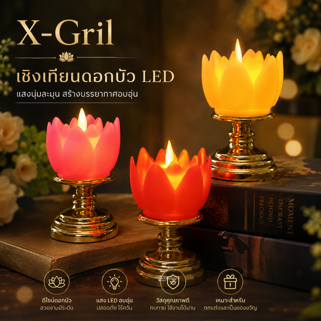 เทียน LED ดอกบัว เทียนไฟฟ้า เทียนไหว้พระ ไฟบูชาเจ้าที่ สำหรับหิ้งพระ ไม่มีเปลวไฟ ปลอดภัย ของตกแต่งบ้าน A00214