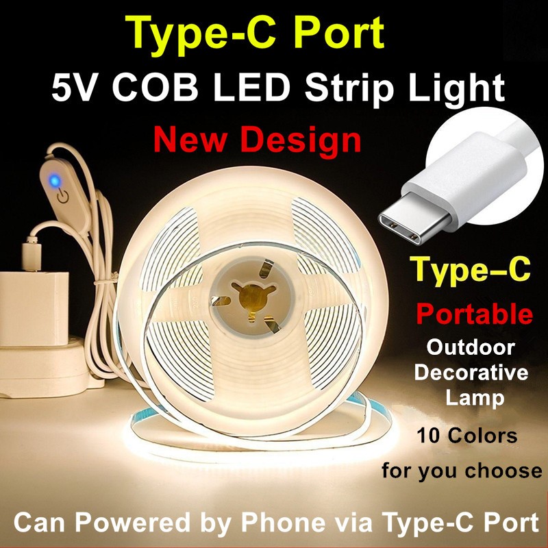 Type-C Powered 5V COB Strip Light พร้อม Touch Dimmable ON/OFF Controller,แบบพกพากลางแจ้ง DIY Decor Lighting สําหรับ Camping, ระเบียงและลาน, 10 สีที่เลือก