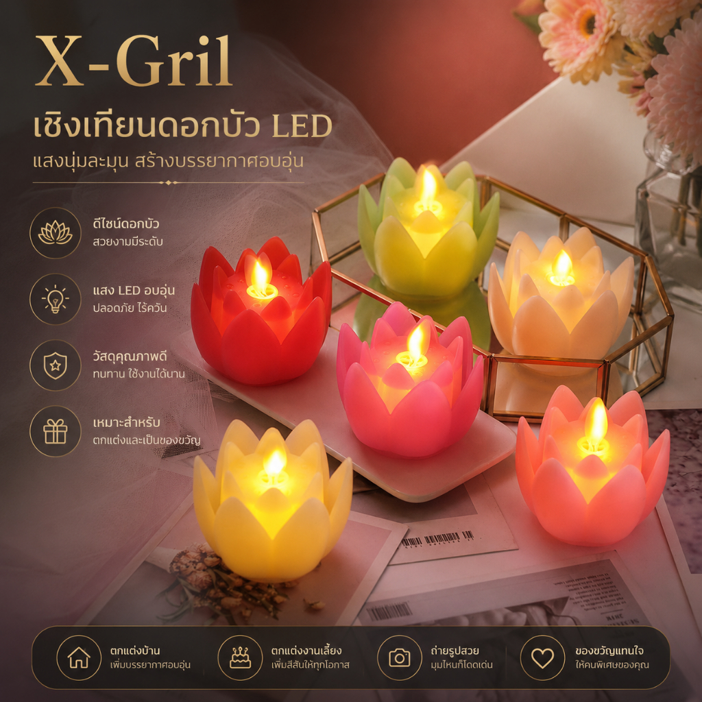 เทียน LED รูปดอกบัว เทียนไฟฟ้า แสงนวล สำหรับไหว้พระ บูชา ทำบุญ ตกแต่งบ้าน หิ้งพระ A00215