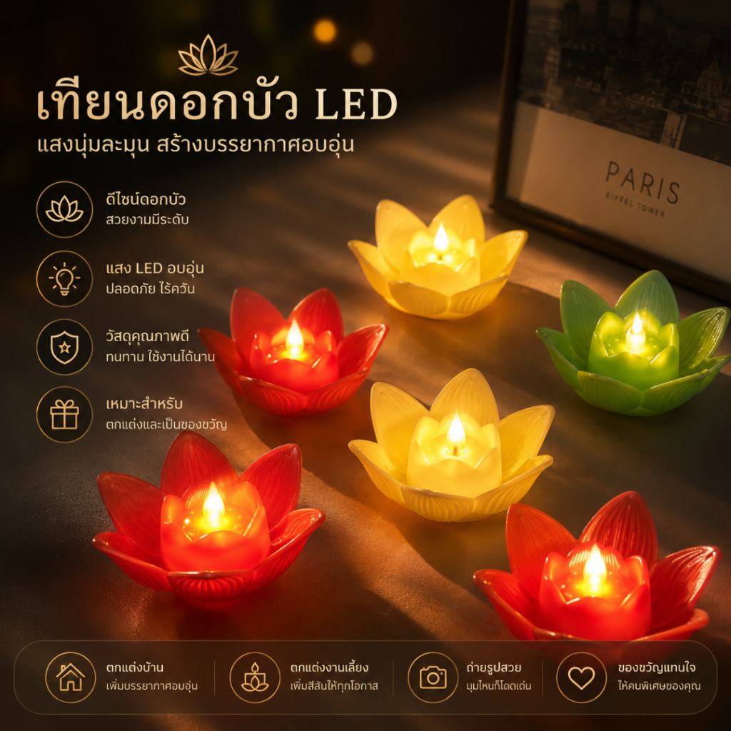 เทียน LED รูปดอกบัว เทียนไฟฟ้า แสงนวล สำหรับไหว้พระ บูชา ทำบุญ ตกแต่งบ้าน หิ้งพระ A00216