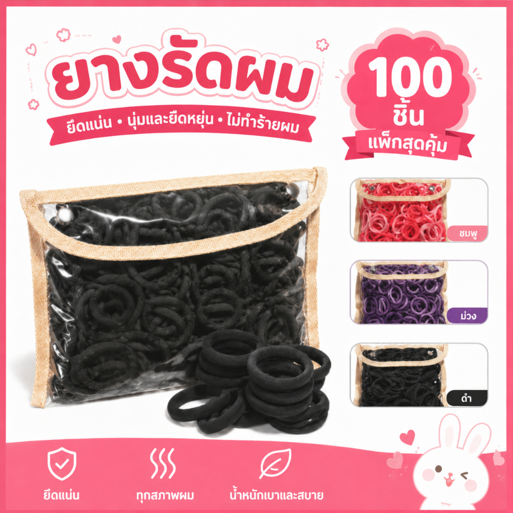 ยางรัดผมเด็กหญิง รุ่นใหม่ สีดำล้วน ยืดหยุ่นสูง ไม่ขาดผม แพ็ค 100 ชิ้น ทนทานใช้ยาว