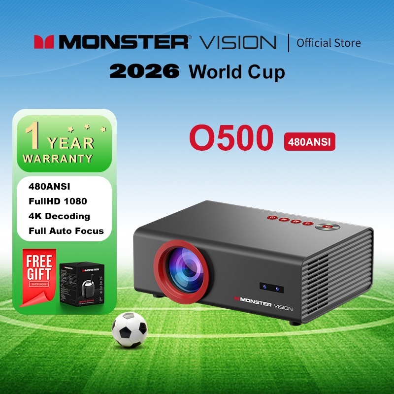 Monster O500 Android 1080P Full HD โปรเจคเตอร์โฮมเธียเตอร์ 4K ถอดรหัสโฟกัสอัตโนมัติ Keystone WiFi6