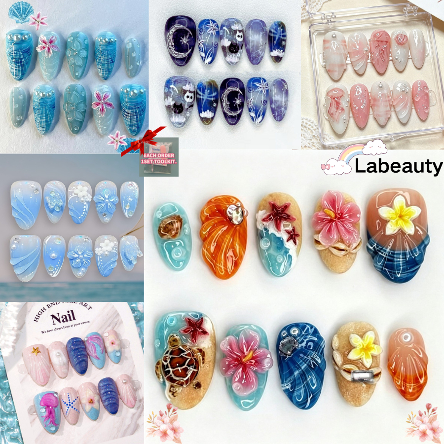 (พร้อมเครื่องมือ 3 IN 1) 10 ชิ้น Handmade 3D เล็บปลอม 2026 ฤดูร้อนใหม่ Ocean สไตล์ Shell French Nail Art เล็บปลอม