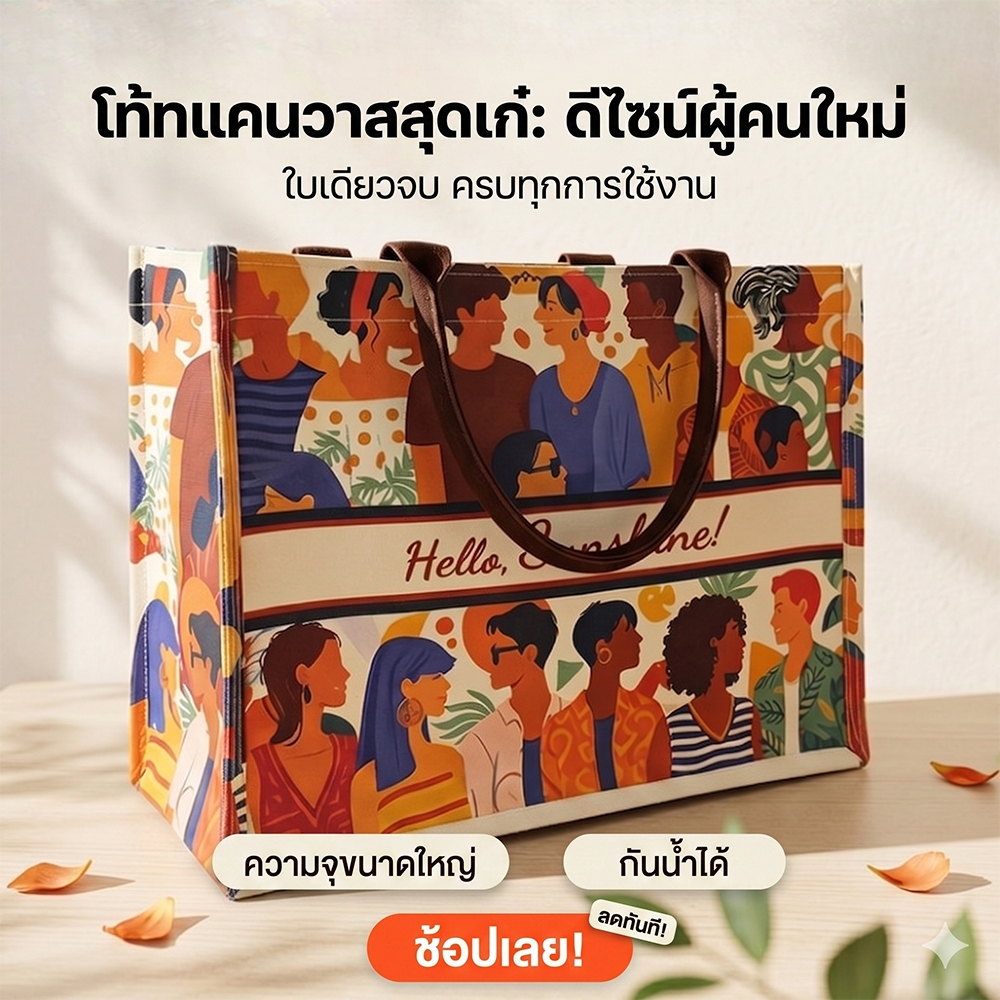 กระเป๋า Tote ผ้าแคนวาส 12oz ใบใหญ่ (กันน้ำ) ใส่แล็ปท็อป/A4 ได้ ดีไซน์มินิมอล กระดุมแม่เหล็ก