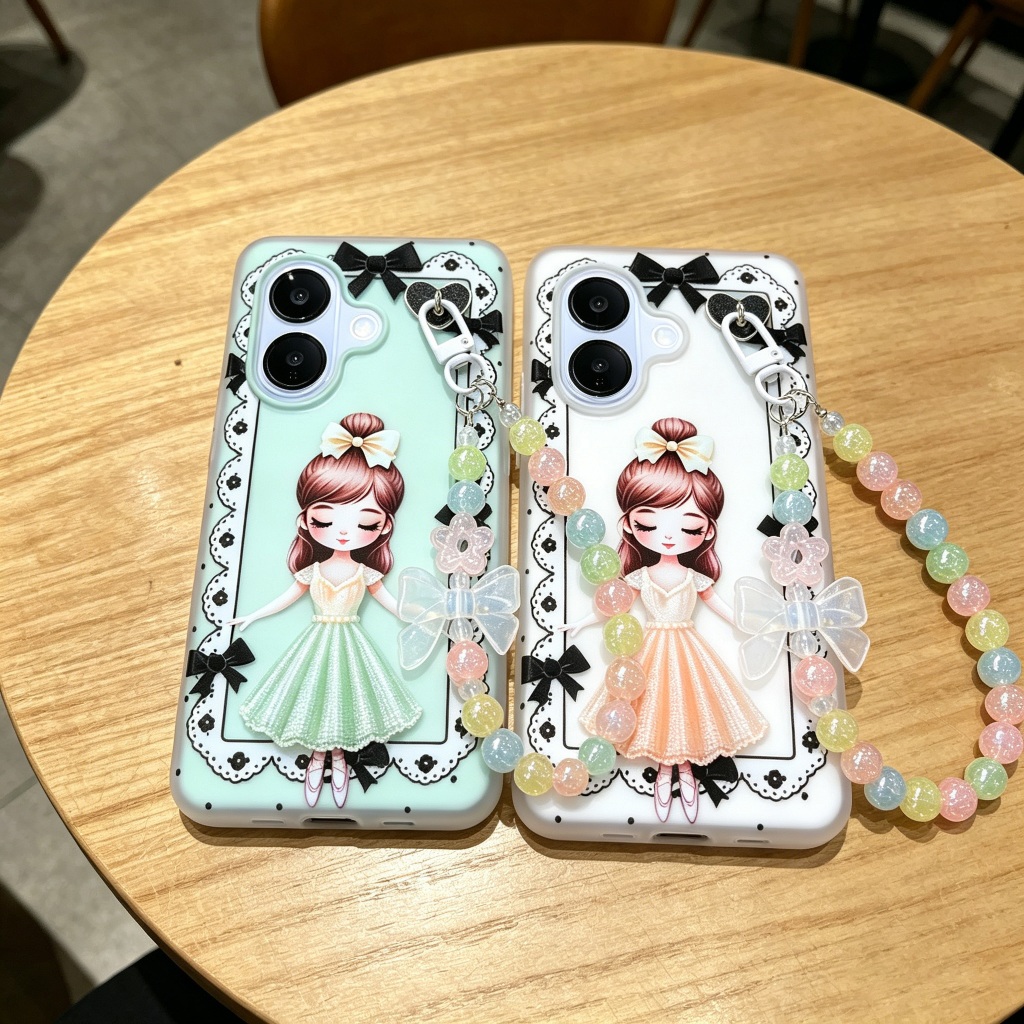 การ์ตูนตุ๊กตาบาร์บี้รูปแบบสร้อยข้อมือ Frosted สําหรับ VIVO T4R T4 T4X T3X 5G ปลอก Anti Drop ป้องกันภ