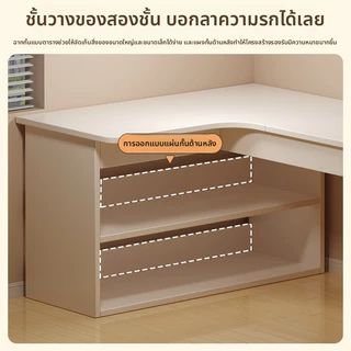 โต๊ะเข้ามุมรูปตัว ล สีขาวพร้อมชั้นเก็บของในตัวที่ให้บริการโต๊ะคอมพิวเตอร์แบบครบวงจรและโต๊ะเครื่องแป้ง มันคุณสมบัติการออกแบบที่ประหยัดพื้นที่กระชับมุมห้องนอน