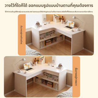 โต๊ะเข้ามุมรูปตัว ล สีขาวพร้อมชั้นเก็บของในตัวที่ให้บริการโต๊ะคอมพิวเตอร์แบบครบวงจรและโต๊ะเครื่องแป้ง มันคุณสมบัติการออกแบบที่ประหยัดพื้นที่กระชับมุมห้องนอน